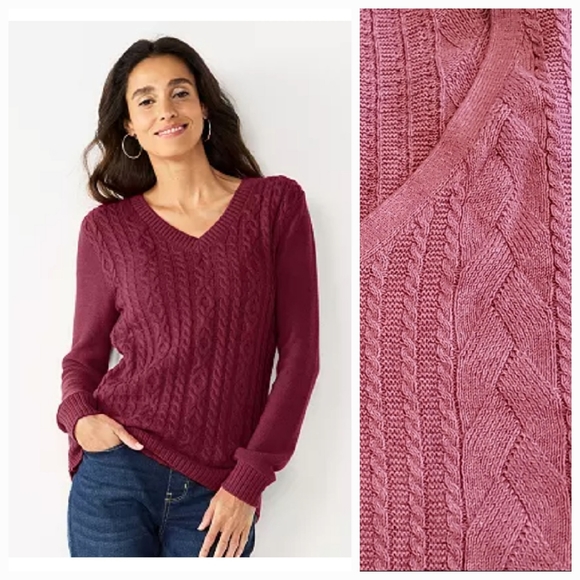 Talbots Sweaters - Talbots Purple Mauve Pointelle Cable Knit Look V Neck Cotton Sweater Size Medium